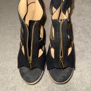 MICHAEL Michael Kors Black Wedge Sandals with Gold Zip Detail